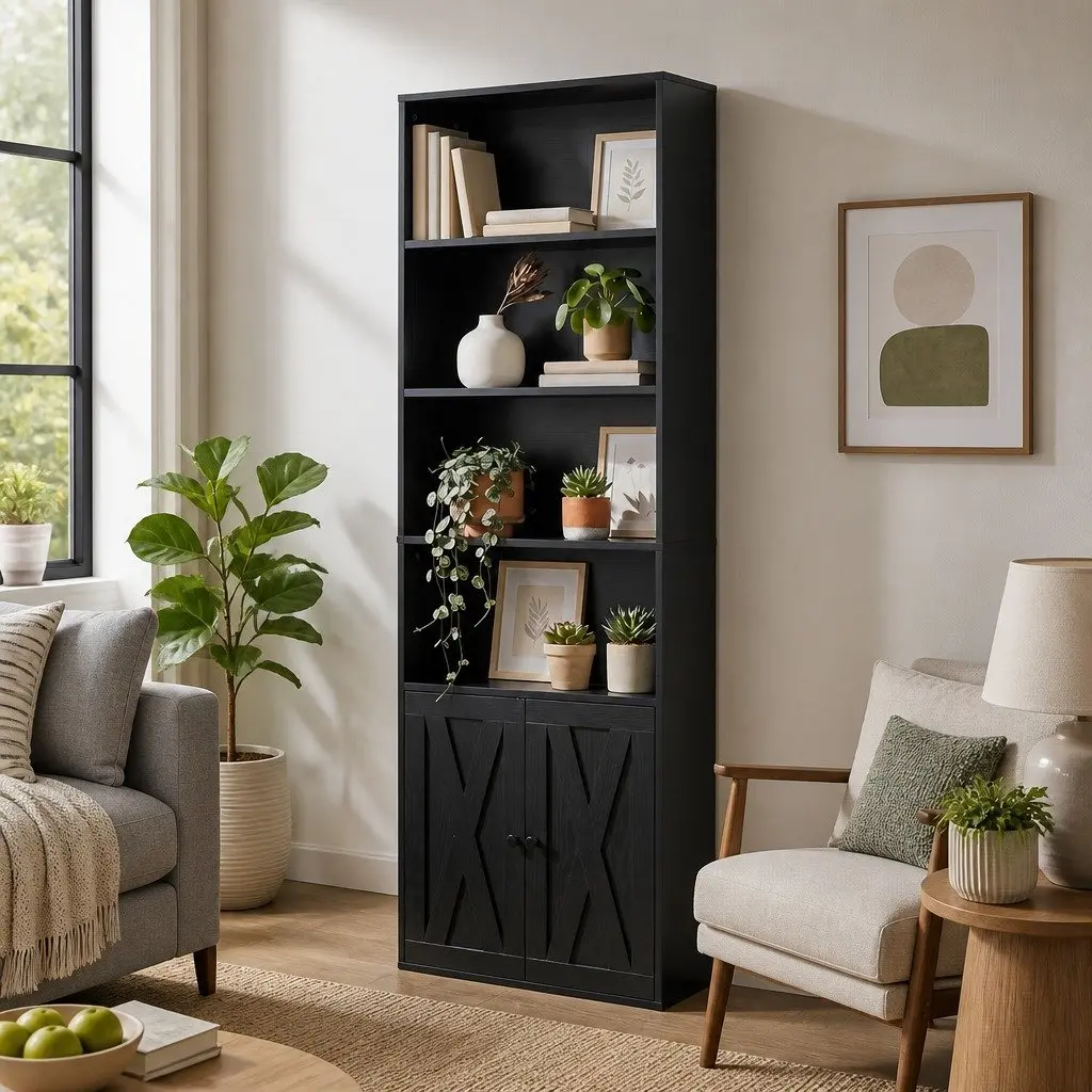 6 Tier Black Bookshelf Display Unit Storage Cabinet with Concealed Storage and Multiple Shelves