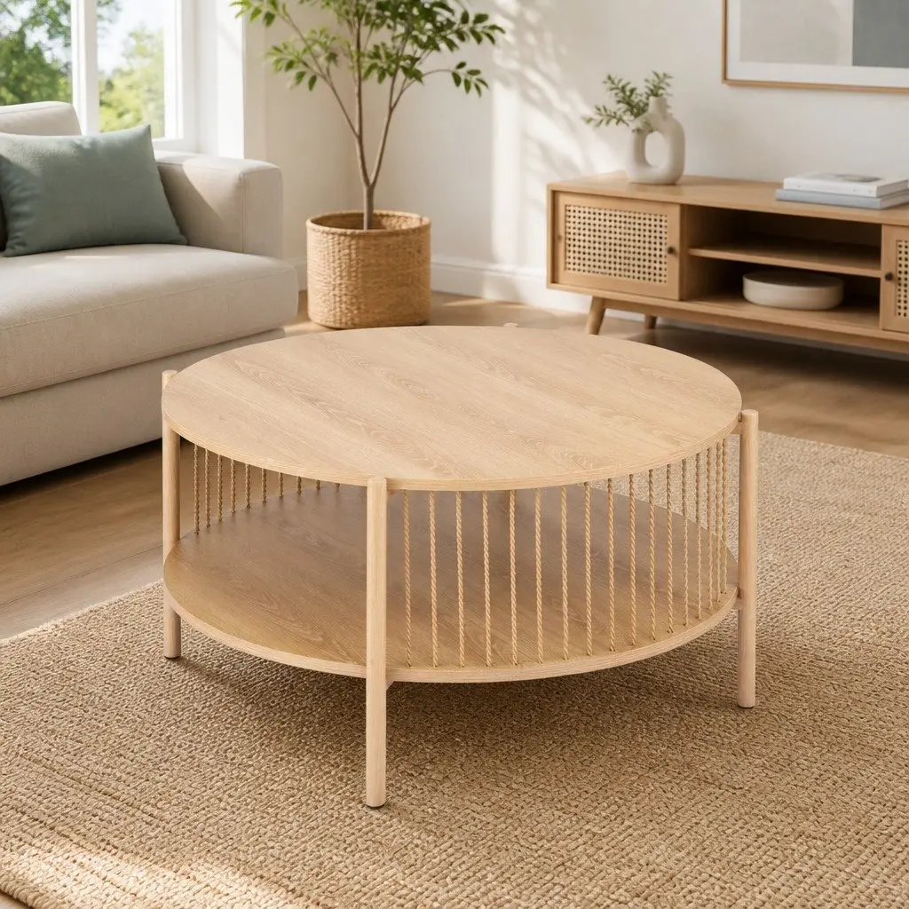 Coffee Table 2-Tier Round Wood Storage Metal Frame Easy-Clean Surfaces