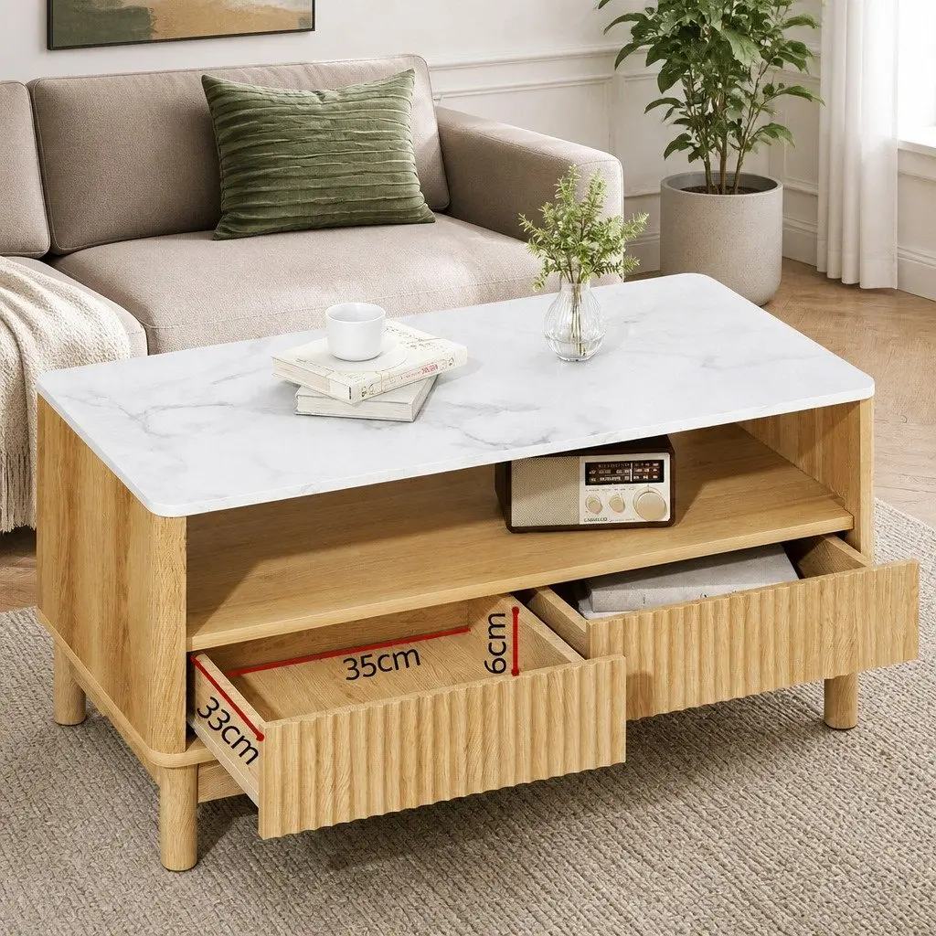 Coffee Table 90cm Marble Effect Top Open Shelf Storage with 2 Drawers