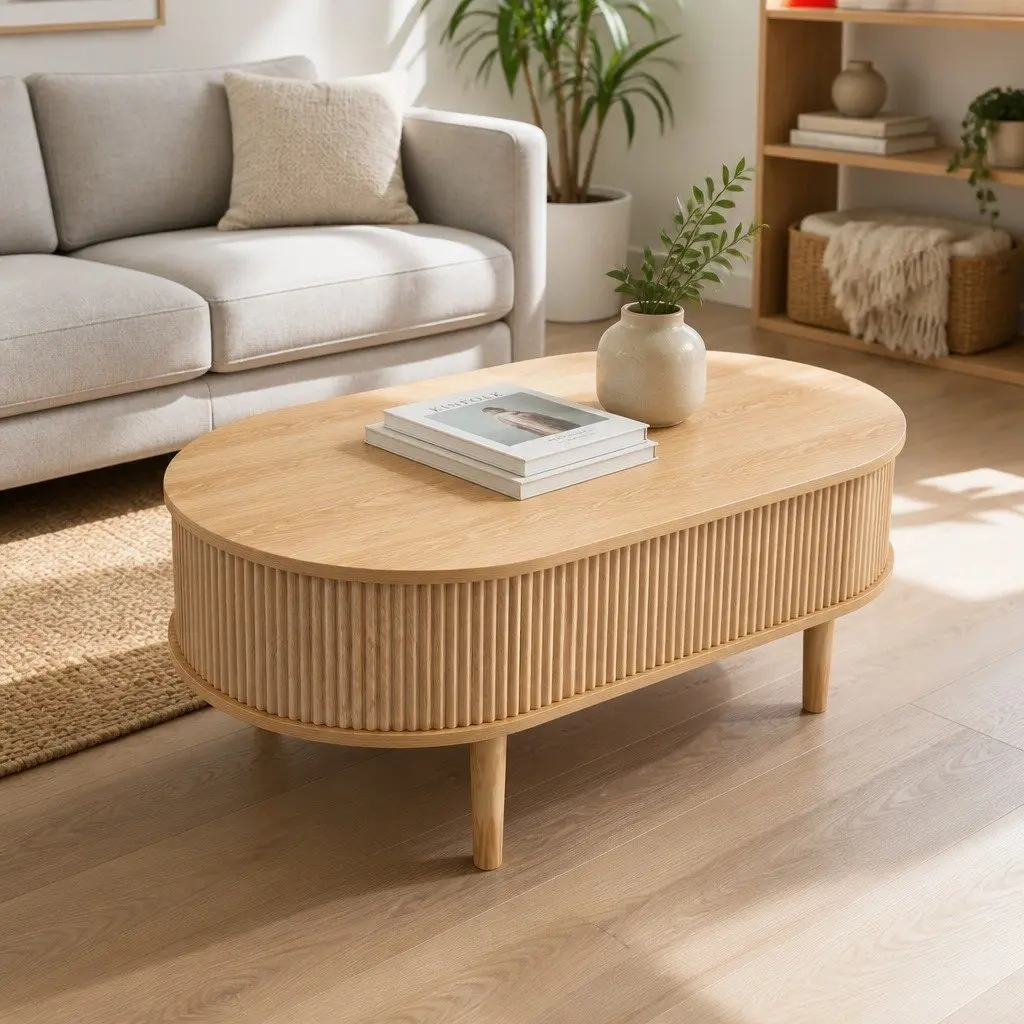 Lift Top Coffee Table Oval 100cm Hidden Storage Pop-Up Desk Living Room
