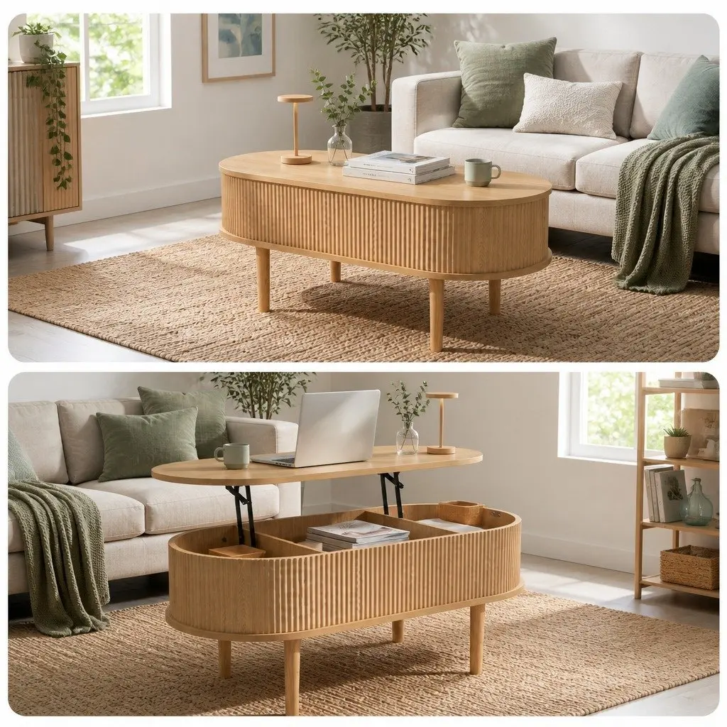Lift Top Coffee Table Oval 100cm Hidden Storage Pop-Up Desk Living Room