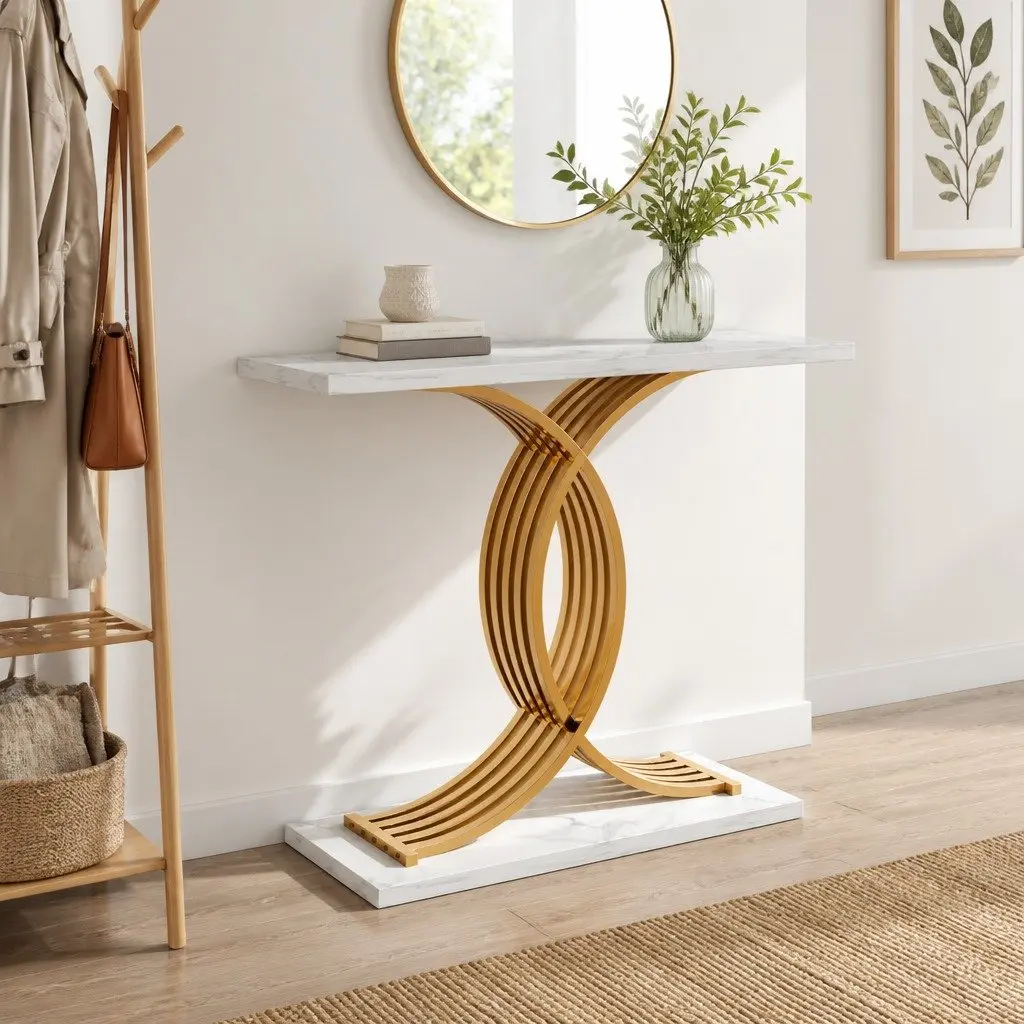 Console Table 100cm Faux Marble Effect White Gold Metal Frame