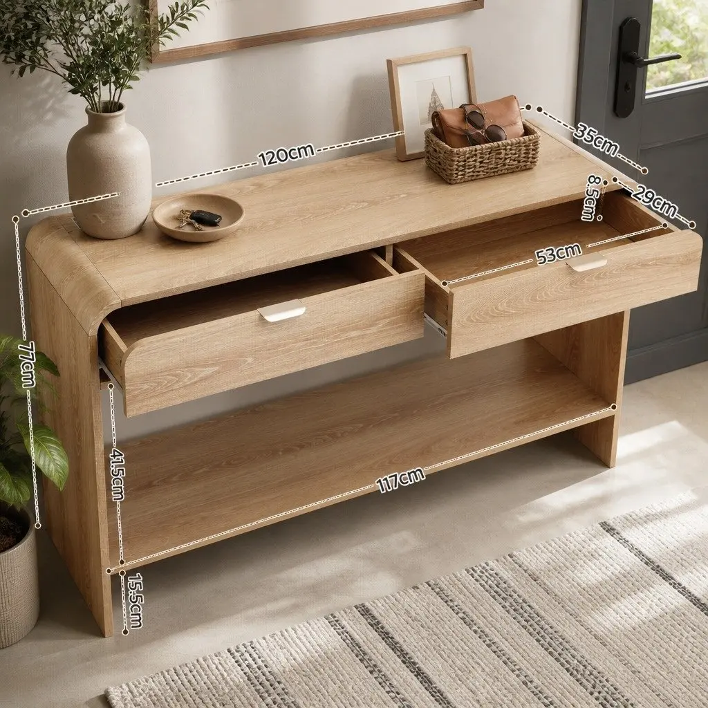 Console Table 120CM Pine Two Drawers Open Shelf Curved Edge