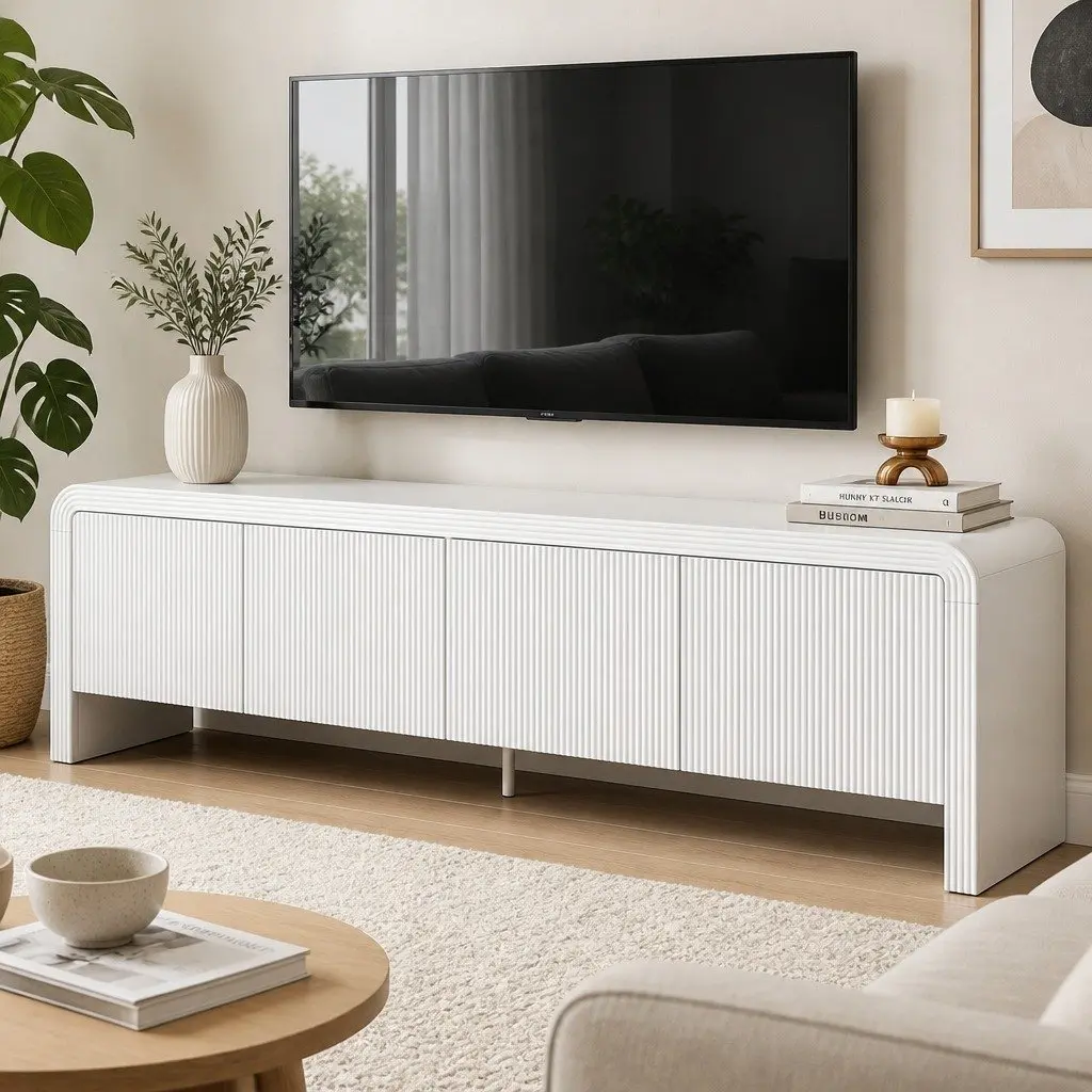 White TV Unit 180cm Contemporary Entertainment Storage Cabinet with Soft Close Doors
