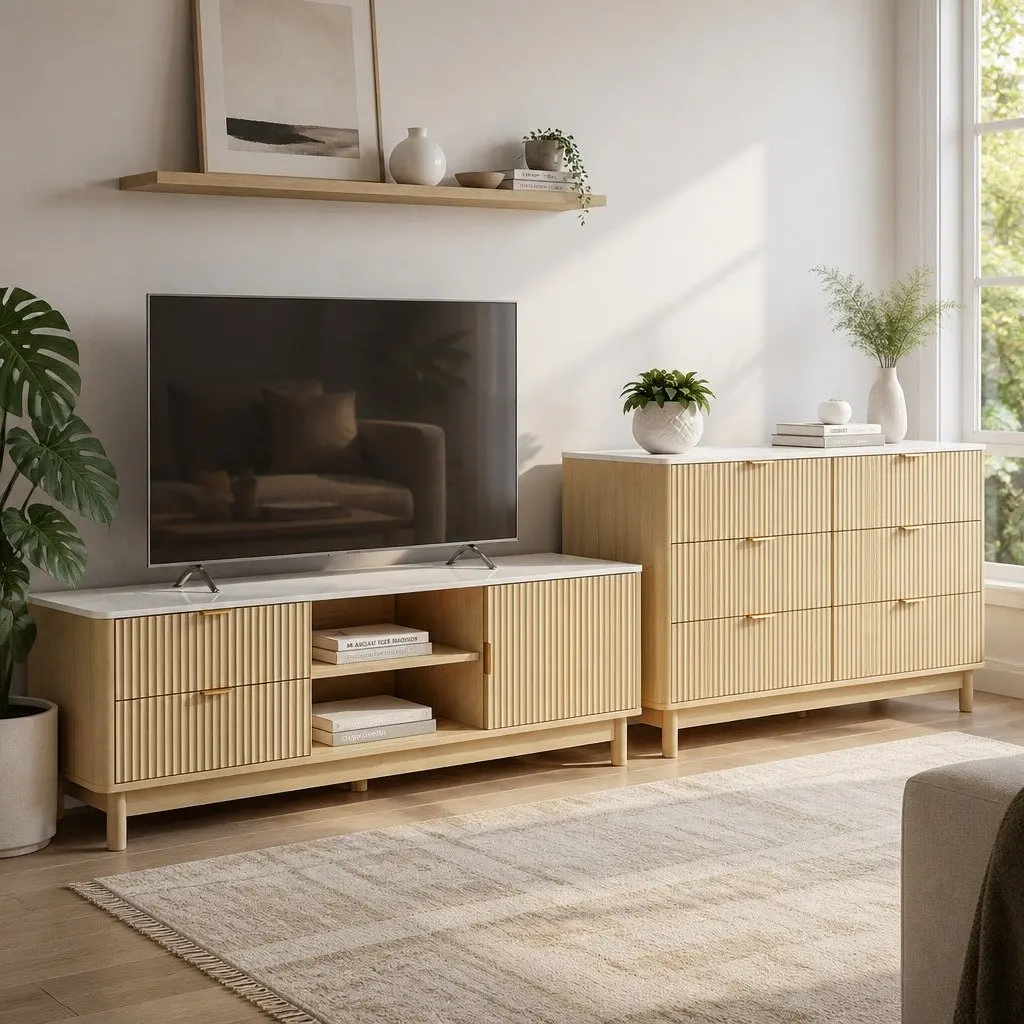 TV Unit and Chest of Drawers Set Pine Storage Combo with Solid Wood Legs and Soft-Close Hinges