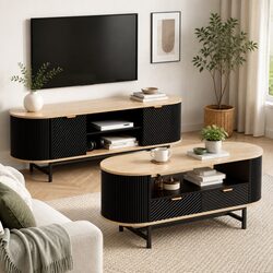 TV Unit and Coffee Table Set Black Pine Storage Drawers Shelves Lounge Furniture