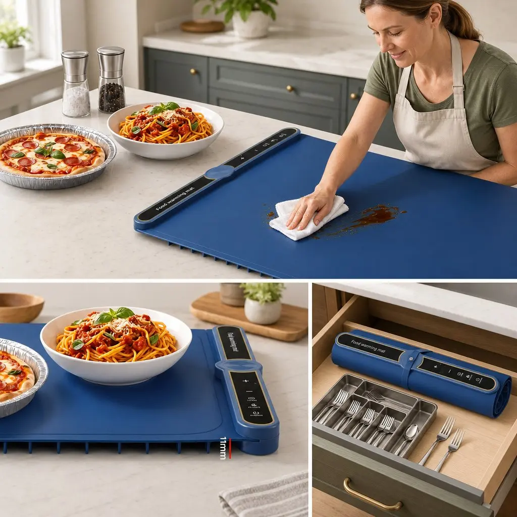 Food Warming Mat 80cm Electric Heating Tray Roll Up Buffet Dish Warmer Blue