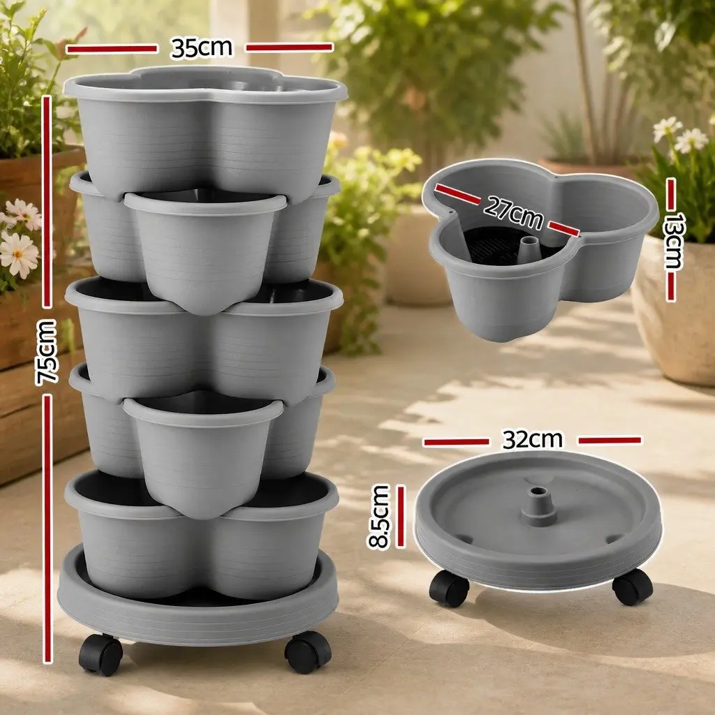 5 Tier Vertical Garden Planter Tower Stackable Movable with Wheels for Indoor Outdoor Use