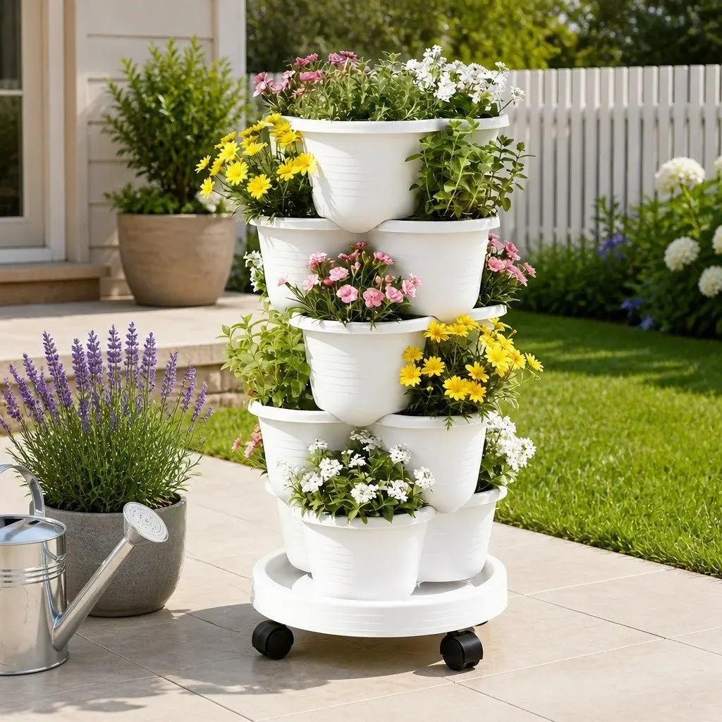 Stackable White Plastic 5 Tier Vertical Planter Tower with Wheel Auto Drainage System