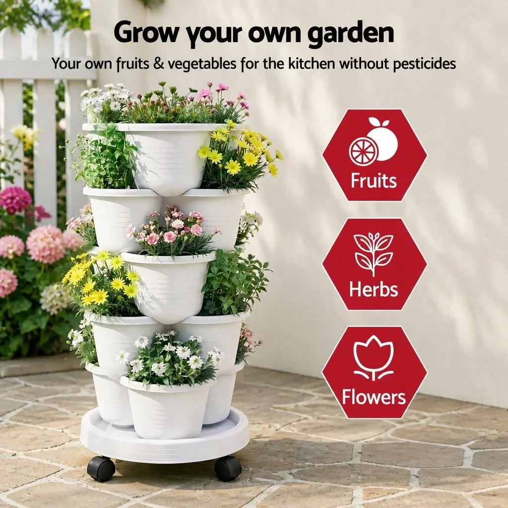 Stackable White Plastic 5 Tier Vertical Planter Tower with Wheel Auto Drainage System