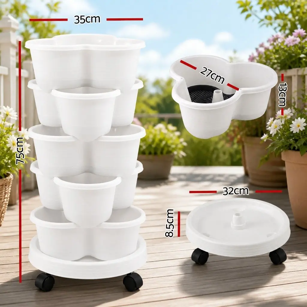 Stackable White Plastic 5 Tier Vertical Planter Tower with Wheel Auto Drainage System