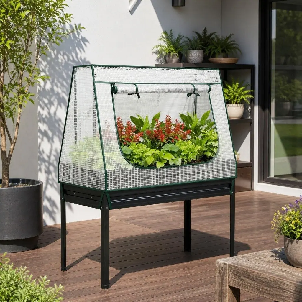 Elevated Garden Bed 116x60cm Raised Planter with Mini Greenhouse PE Cover