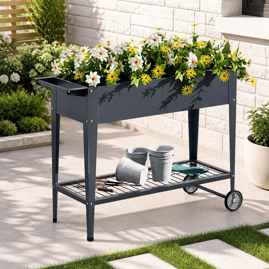 Raised Garden Bed 100x40x80cm Mobile Elevated Planter Box with Wheels for Herbs Vegetables
