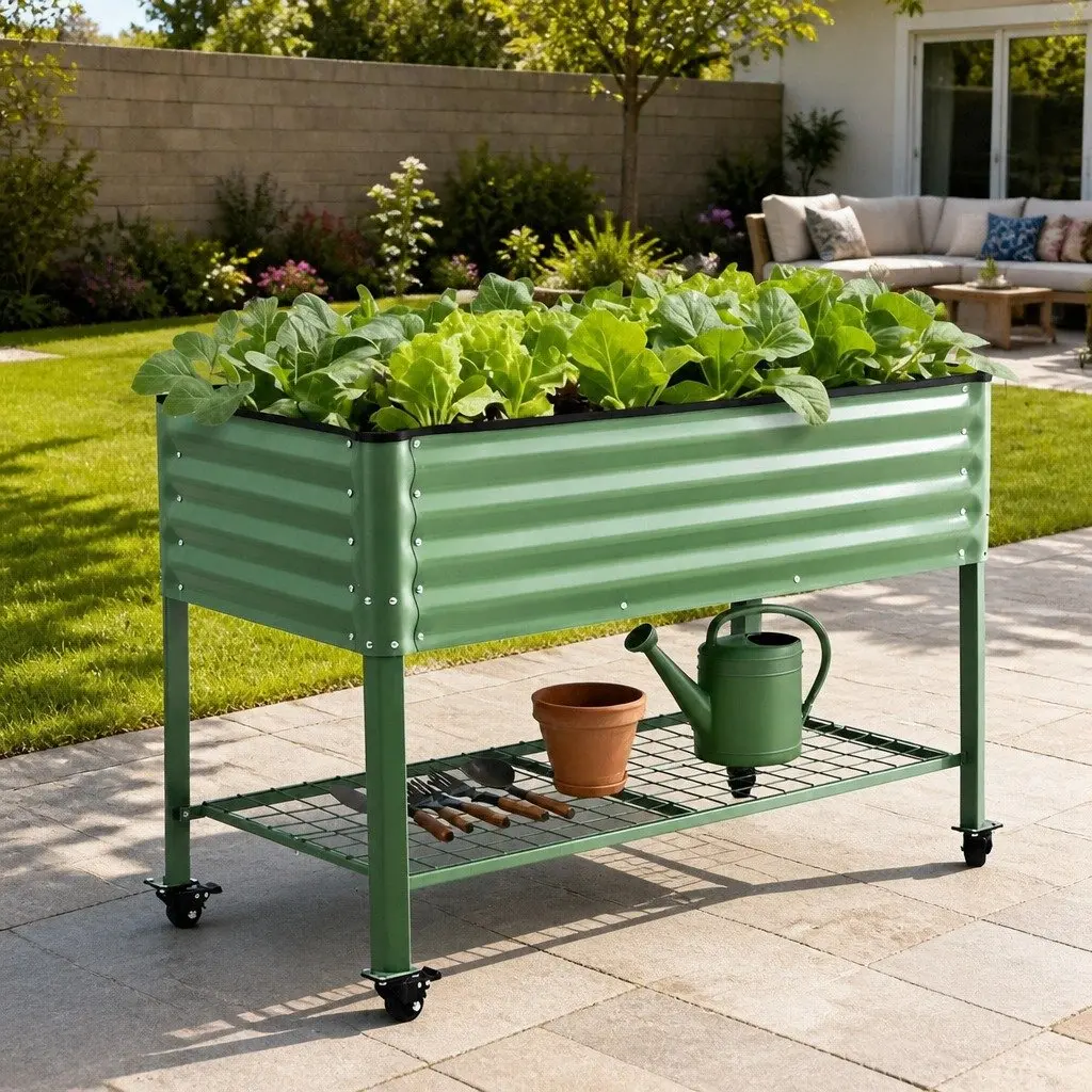 Elevated Garden Bed 81cm Mobile Planter with Locking Wheels and Storage Shelf