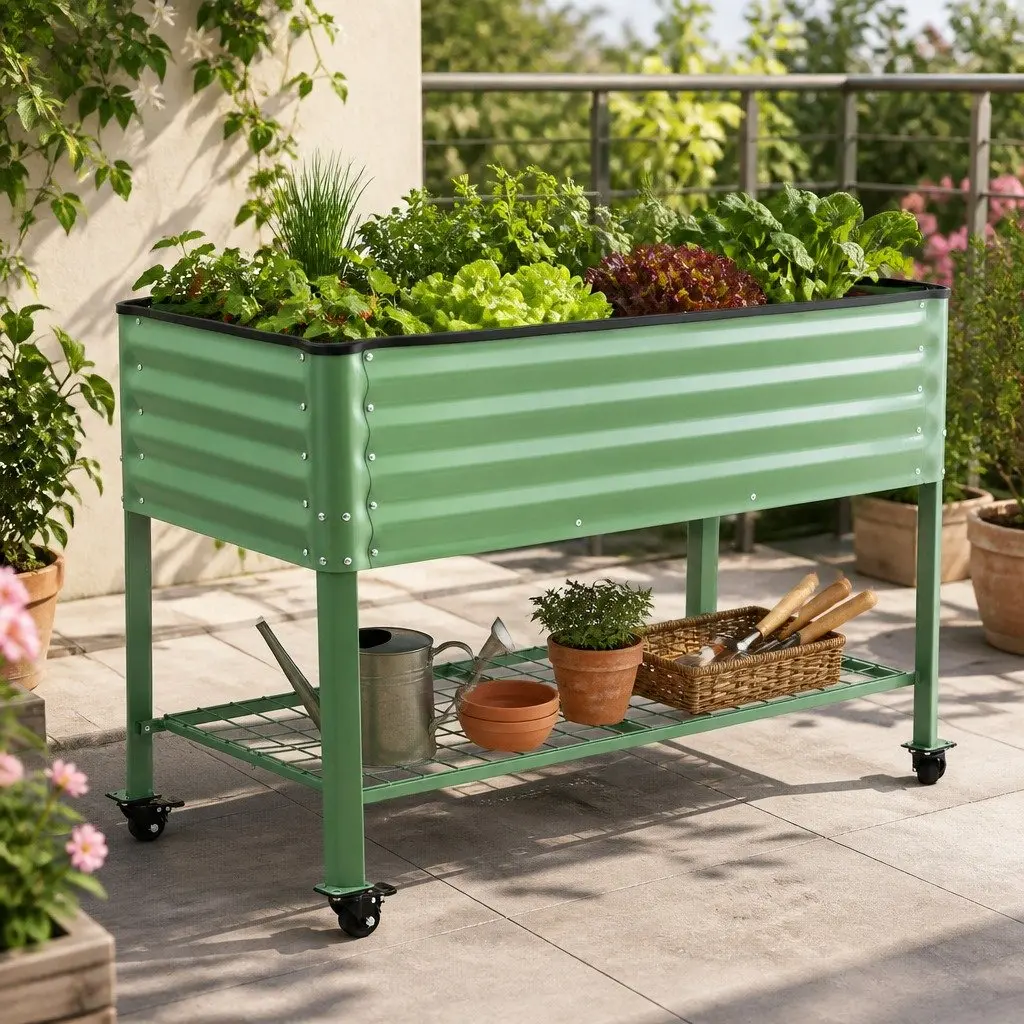 Elevated Garden Bed 81cm Mobile Planter with Locking Wheels and Storage Shelf