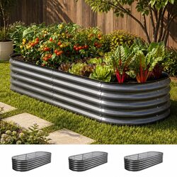 Raised Garden Bed Kit 3 Pcs Oval Galvanized Steel Planter Boxes 160x80x42cm
