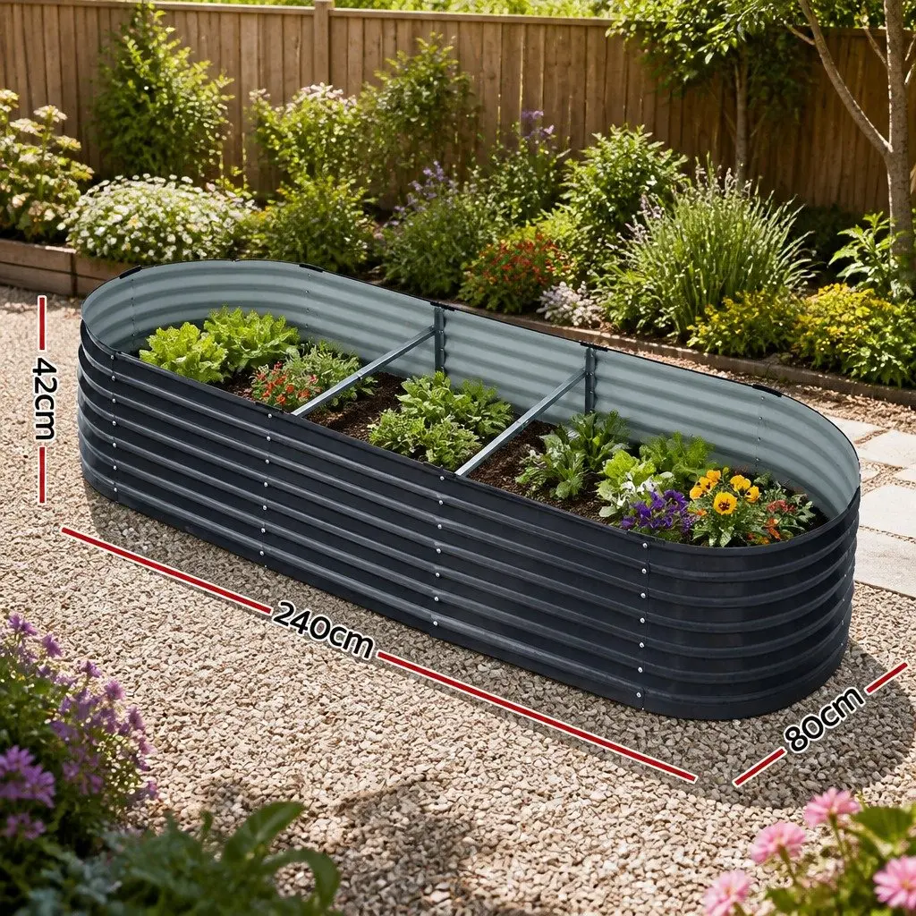 Raised Garden Bed 240x80x42cm Galvanised Steel Oval Planter Box Container x2