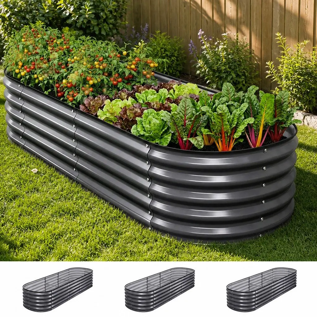 Raised Garden Bed Kit 240x80x42cm Oval Galvanized Steel Planter Boxes 3 Piece Set