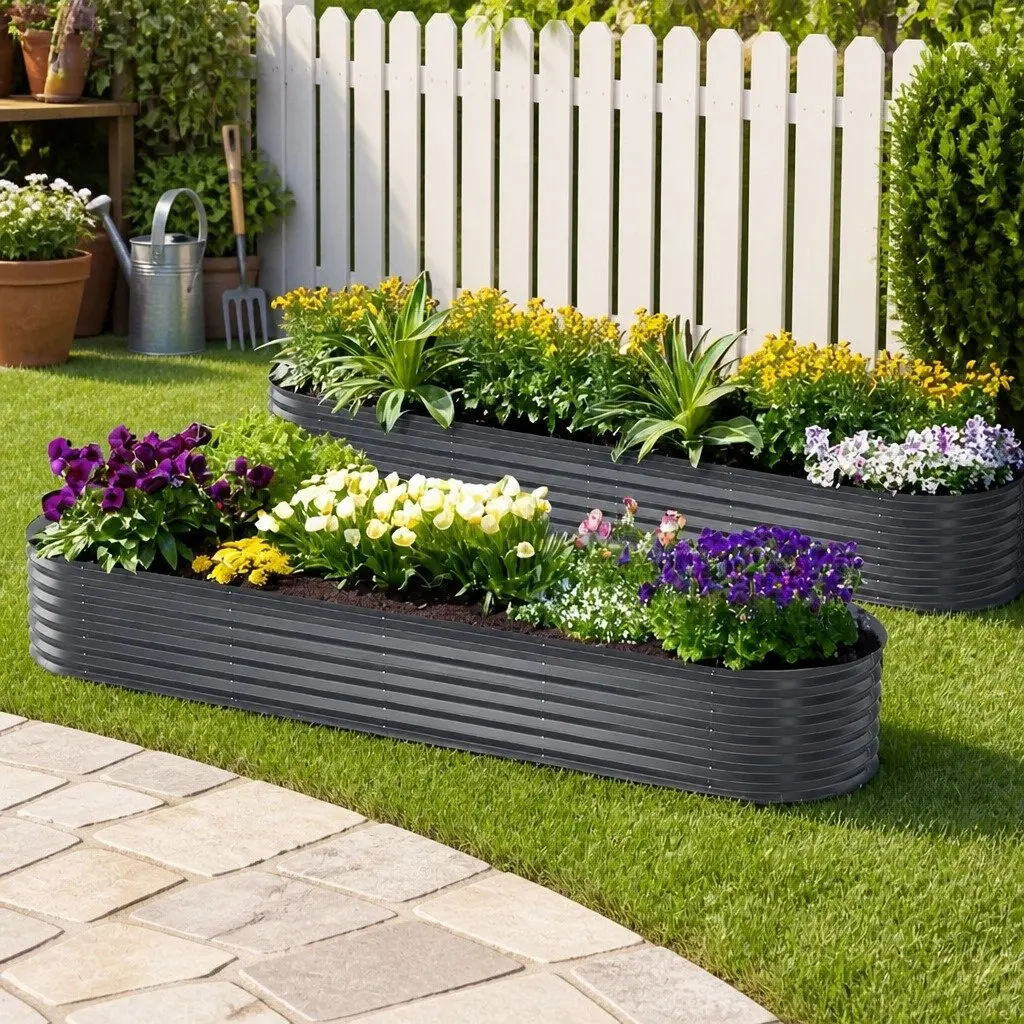 Raised Garden Bed 320x80x42cm Galvanised Steel Oval Planter Box Container x2