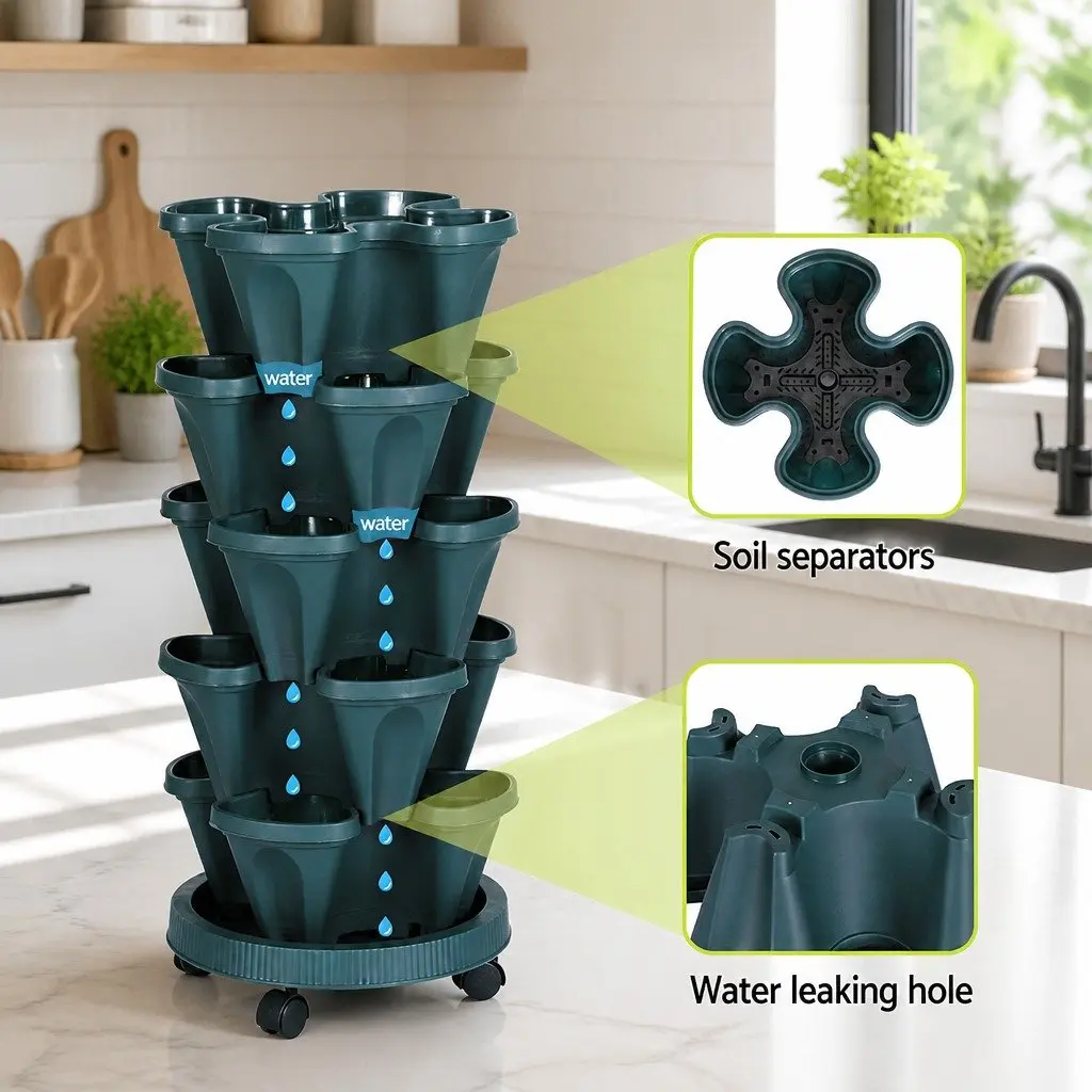 5 Tier Stackable Vertical Garden Planter Set Indoor Outdoor with Automatic Drainage and Movable Casters