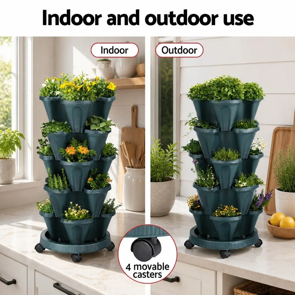 5 Tier Stackable Vertical Garden Planter Set Indoor Outdoor with Automatic Drainage and Movable Casters