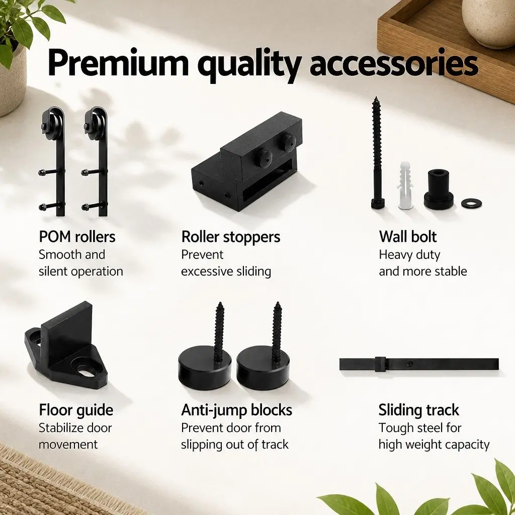 Sliding Barn Door Hardware Track Set 1.83m Black Steel Smooth Sliding Roller System