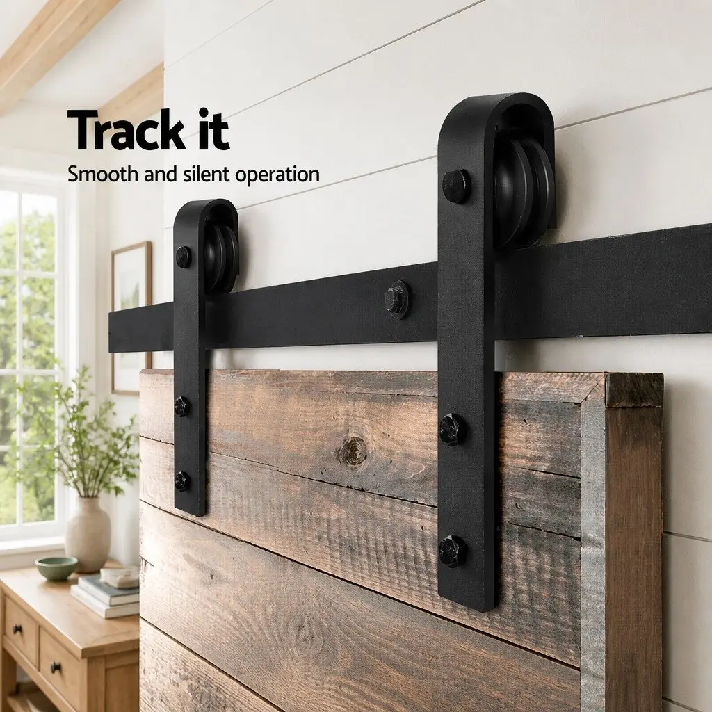Sliding Barn Door Hardware Track Set 1.83m Black Steel Smooth Sliding Roller System