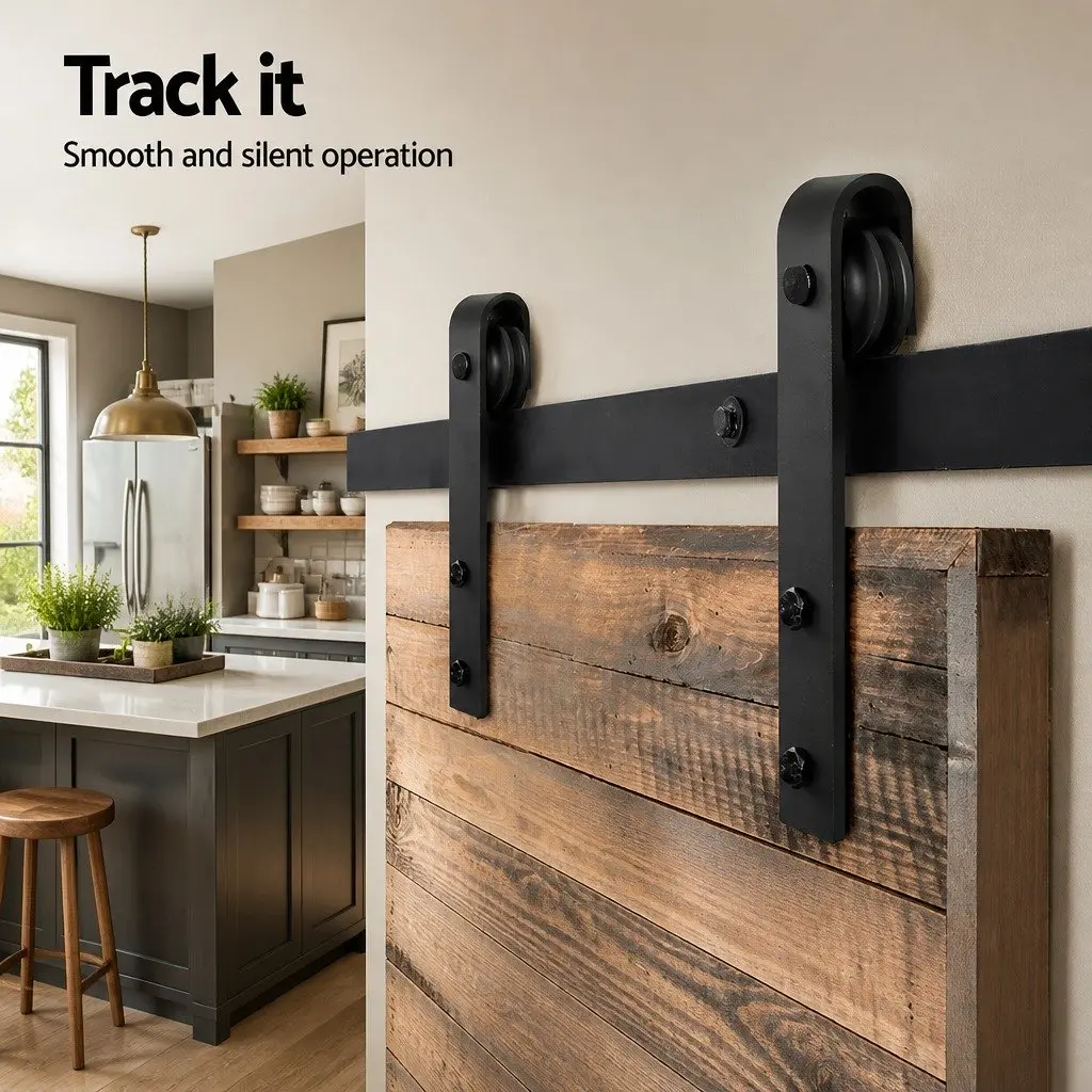 Sliding Barn Door Hardware Track Set 2.44m White Matte Roller Guide Stop