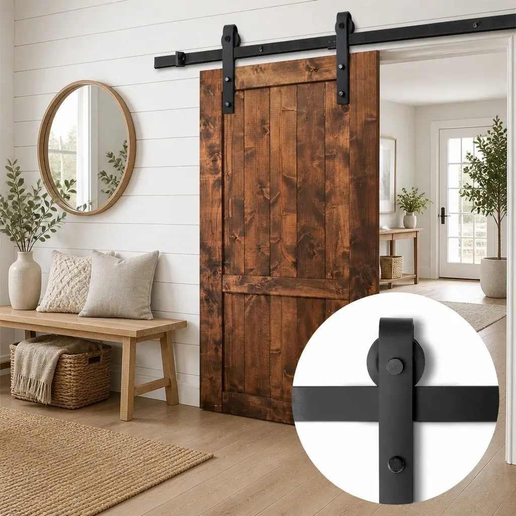 Sliding Barn Door Hardware Track Set 3m Black Steel Rail with Rollers and Floor Guide