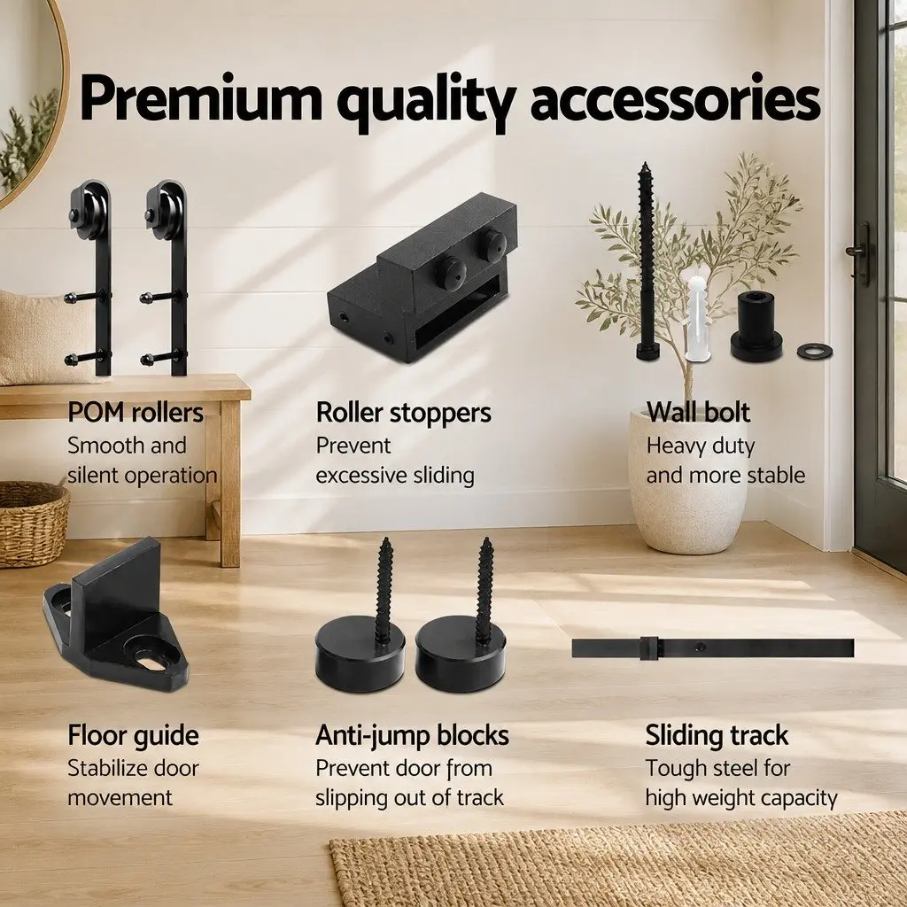 Sliding Barn Door Hardware Track Set 3m Black Steel Rail with Rollers and Floor Guide