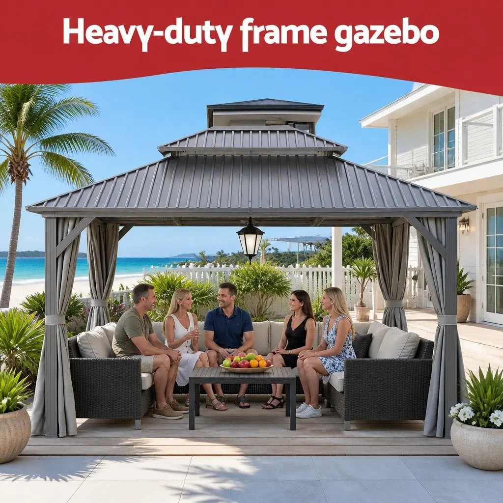 Gazebo 3x3.65m Outdoor Canopy Patio Tent Steel Frame Mesh Curtains Grey