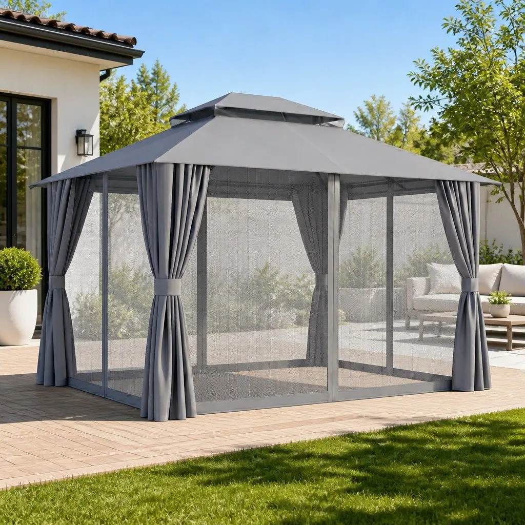 Gazebo 3x3m Outdoor Canopy Steel Frame with Ventilated Double-Roof Mosquito Mesh and Removable Curtains