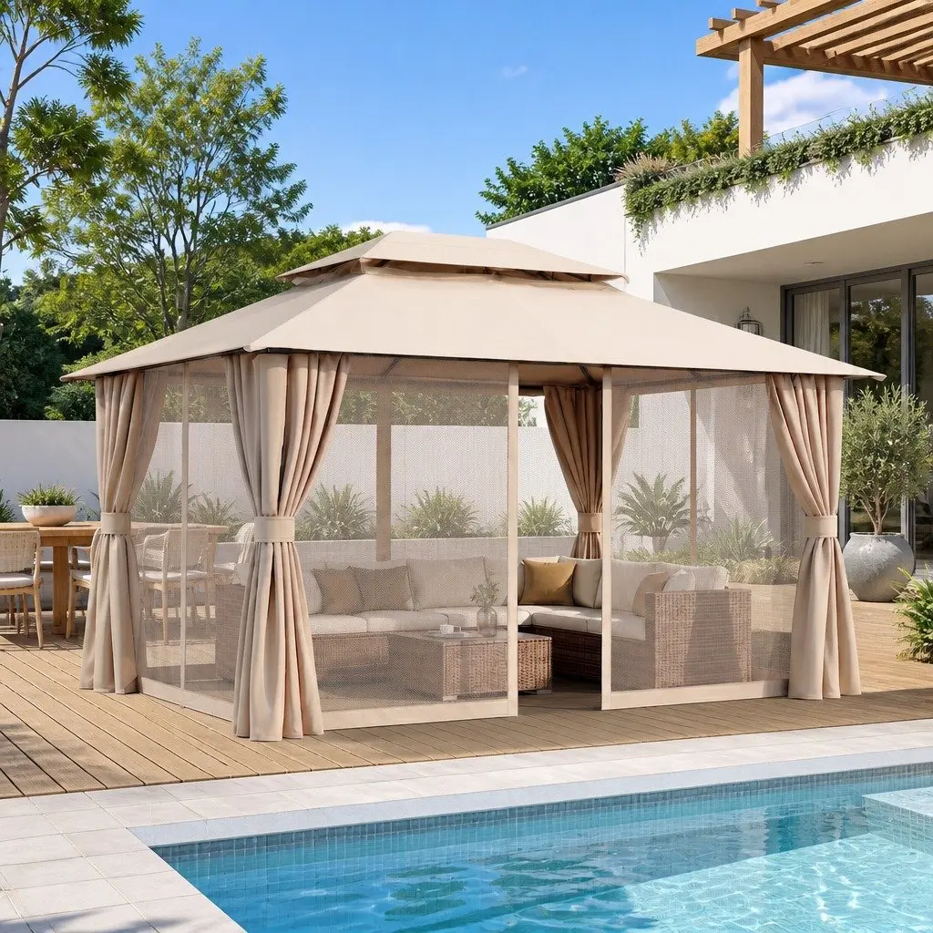 Gazebo 3x4m Outdoor Steel Frame Patio Tent with Mosquito Mesh Curtains