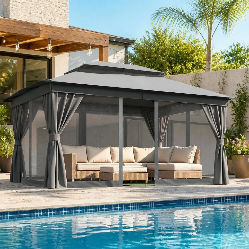 Gazebo 3x4m Outdoor Steel Frame Patio Tent with Mosquito Mesh Curtains