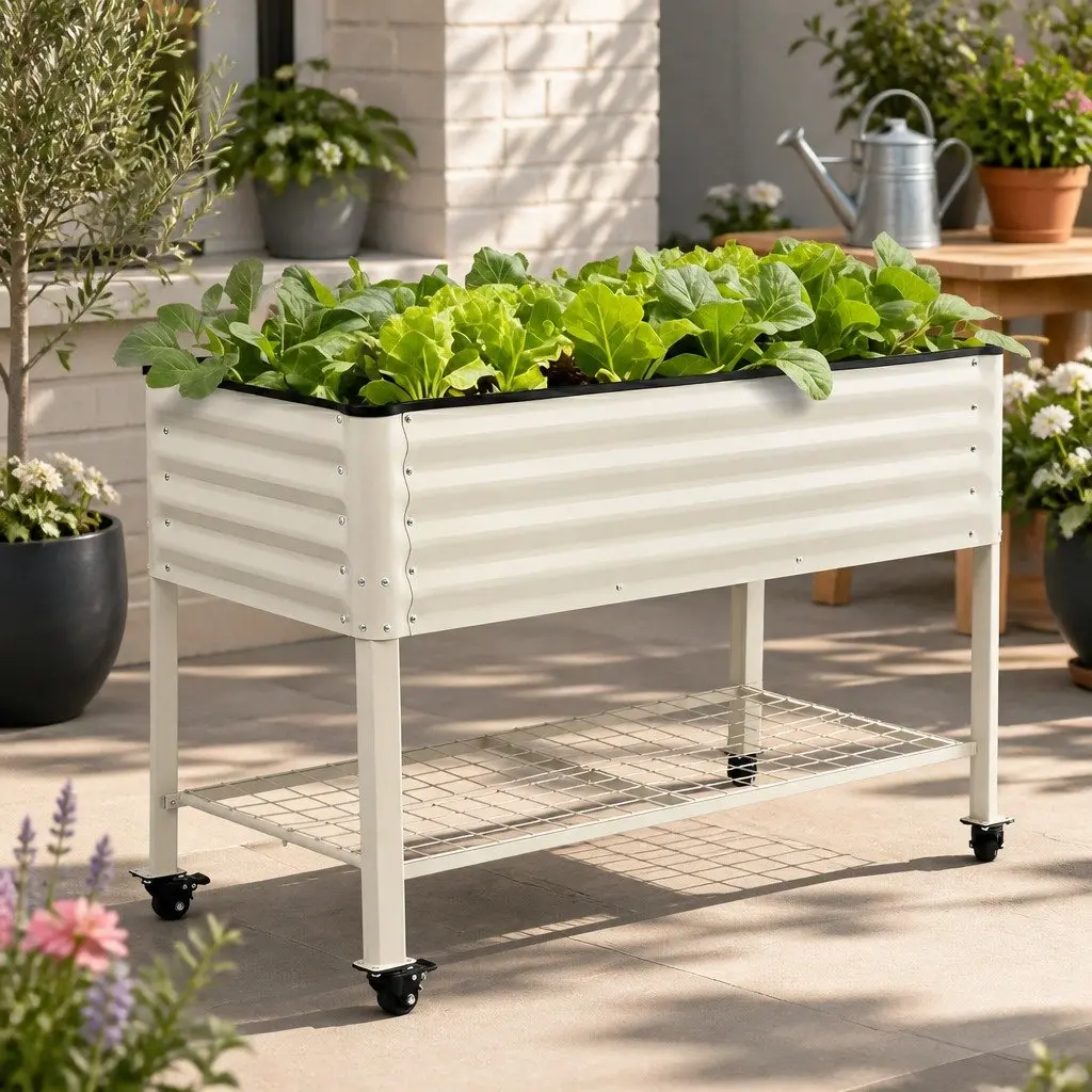Elevated Garden Bed 115cm Mobile Planter with Wheels and Storage Shelf White 81cm