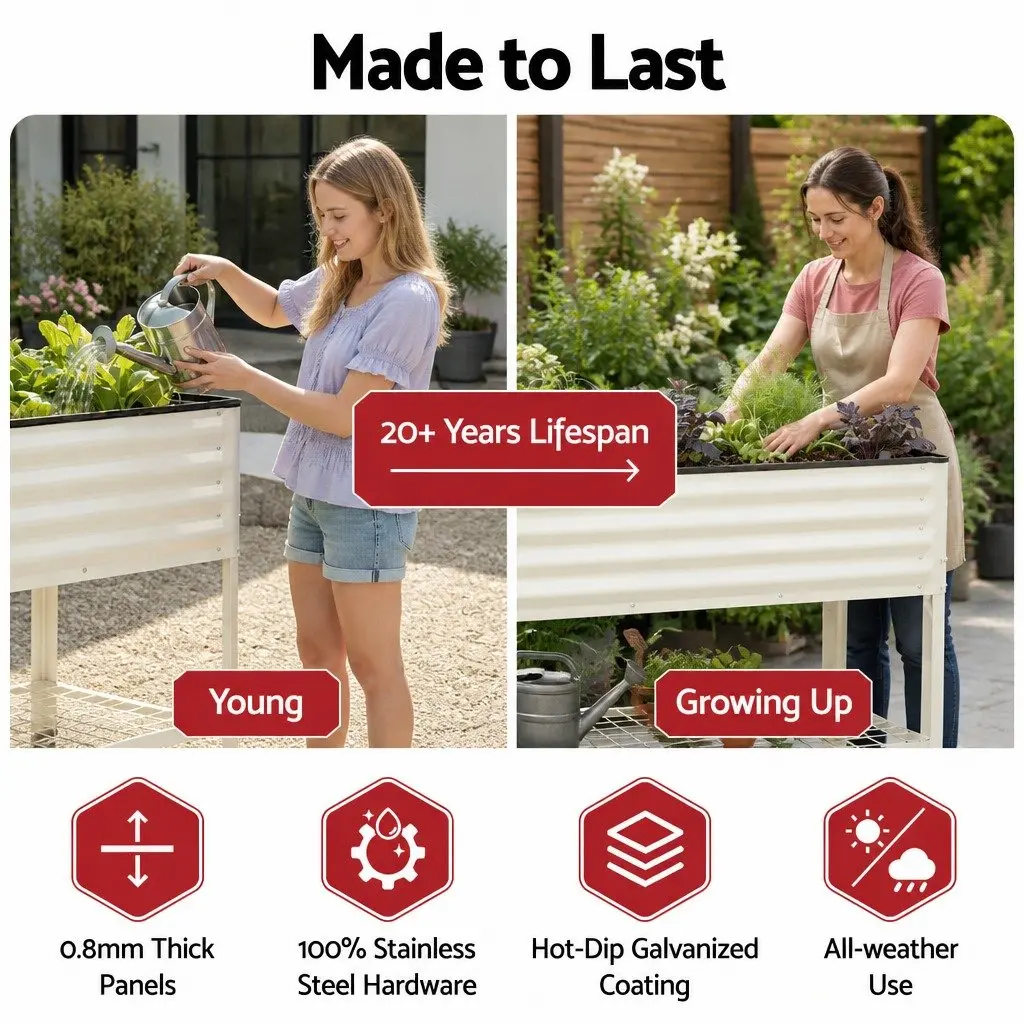 Elevated Garden Bed 115cm Mobile Planter with Wheels and Storage Shelf White 81cm