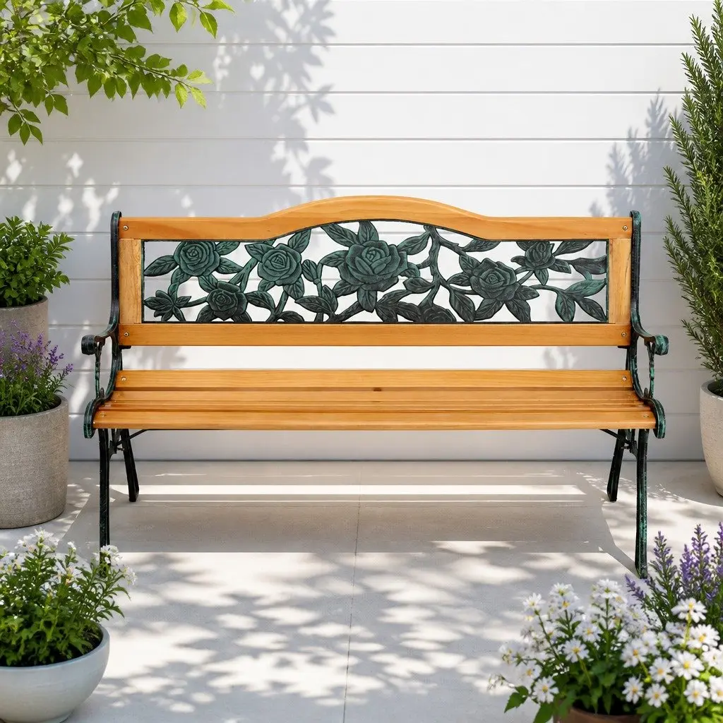 Outdoor Garden Bench 126cm 3 Seater Cast Iron Hardwood Oak