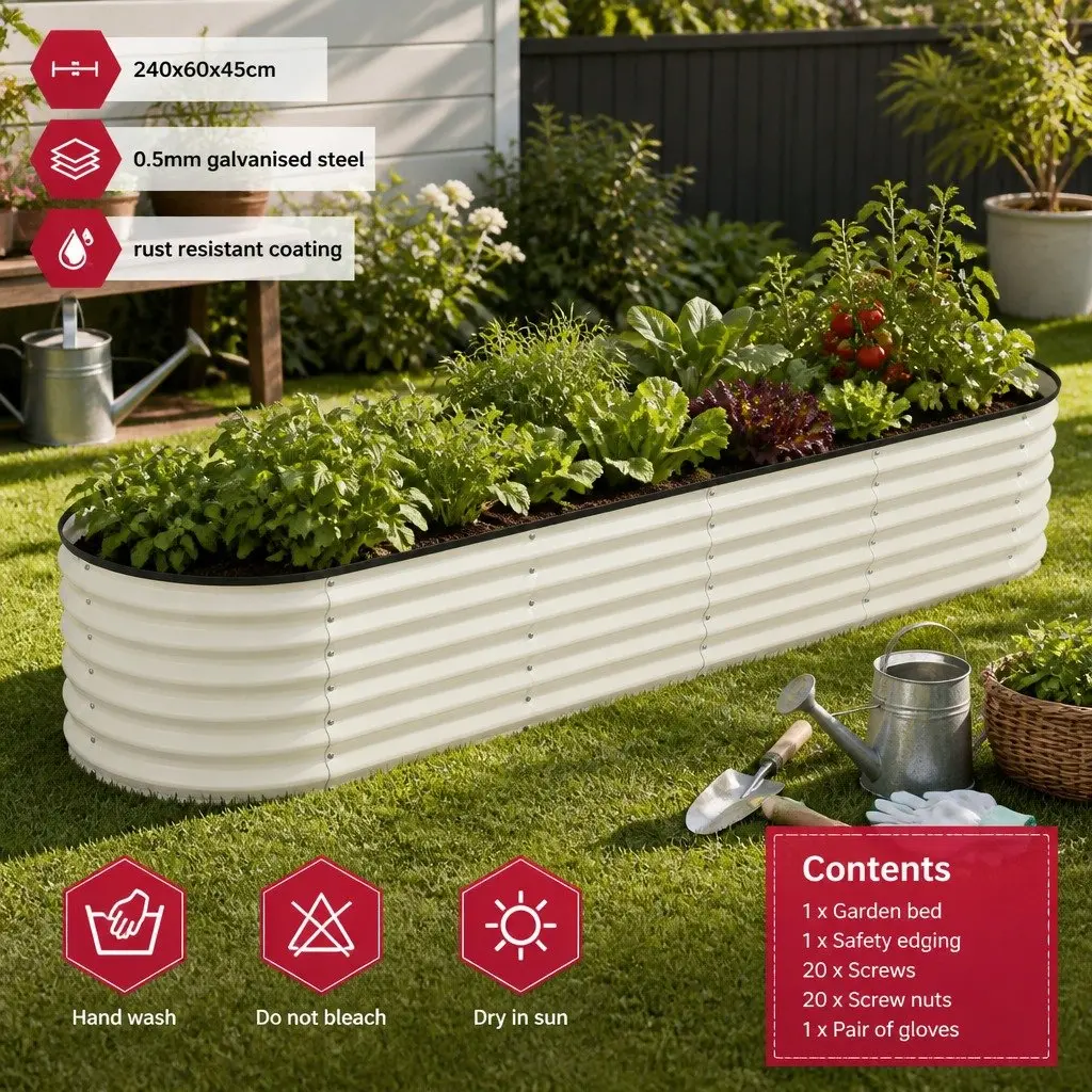 Oval Raised Garden Bed 240x60x45cm Galvanised Steel Planter Box for Vegetables Herbs