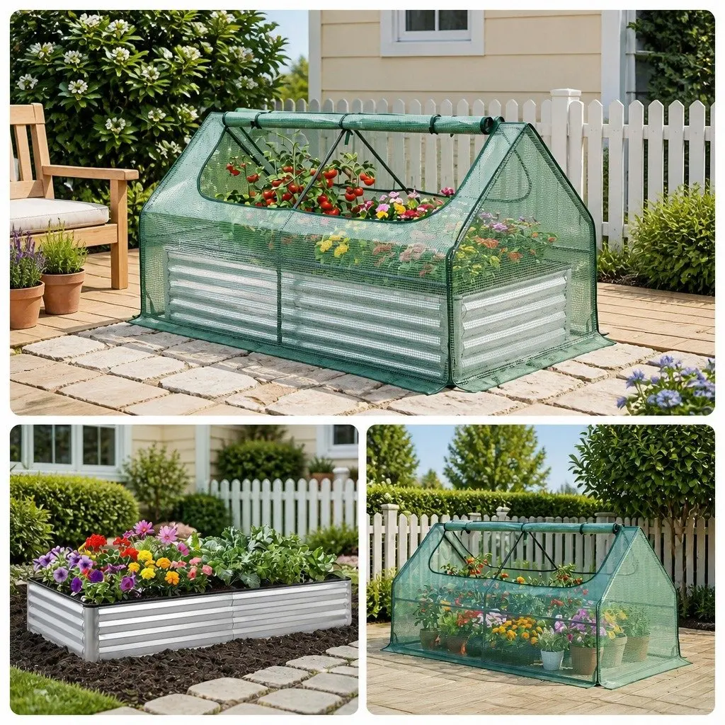 Raised Garden Bed 3 in 1 Galvanised Planter Box with Greenhouse Cover and Ventilation Windows for Outdoor Use