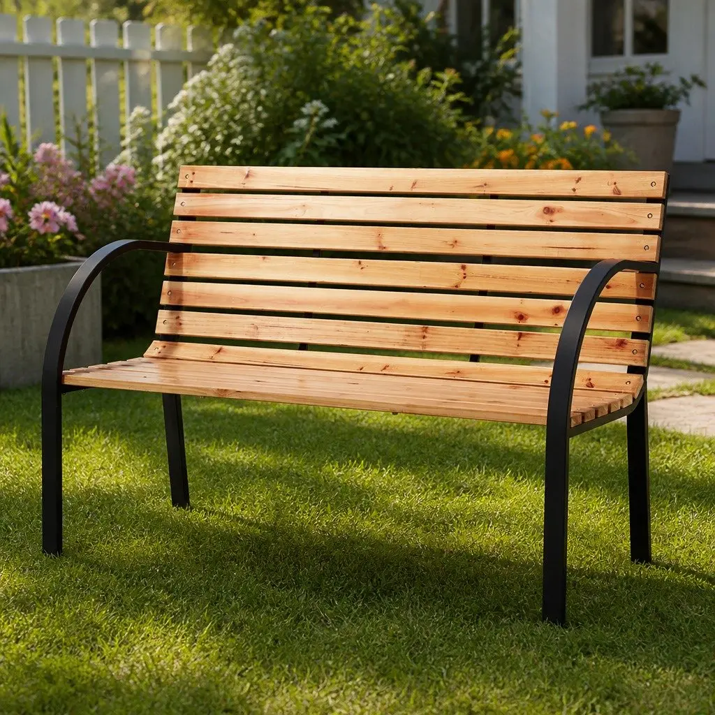 Outdoor Garden Bench 120cm 2 Seater Wooden Patio Furniture Steel Frame Natural