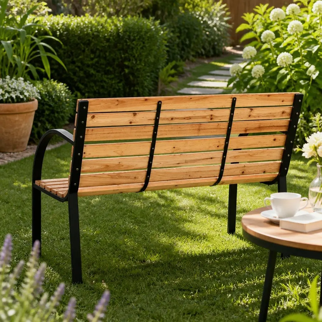 Outdoor Garden Bench 120cm 2 Seater Wooden Patio Furniture Steel Frame Natural