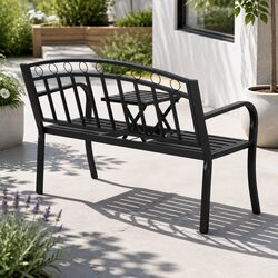 Outdoor Garden Bench Seat 3-Seater Foldable Table Patio Furniture Black Steel