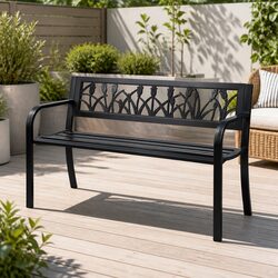 2 Seater Outdoor Bench Steel Frame Garden Patio Furniture Black Seat Backrest