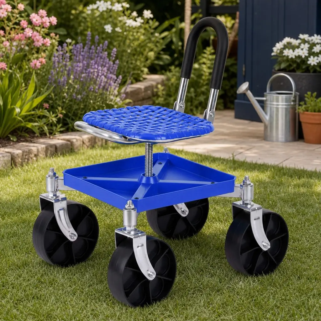 Garden Rolling Seat Stool Height Adjustable 360 Swivel with Castors Blue