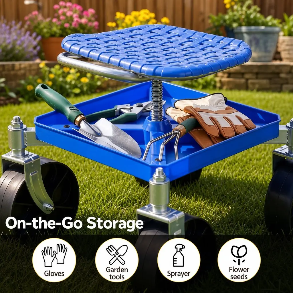 Garden Rolling Seat Stool Height Adjustable 360 Swivel with Castors Blue