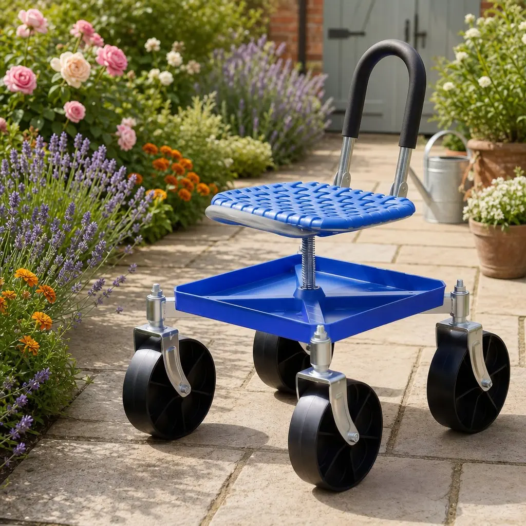 Garden Rolling Seat Stool Height Adjustable 360 Swivel with Castors Blue