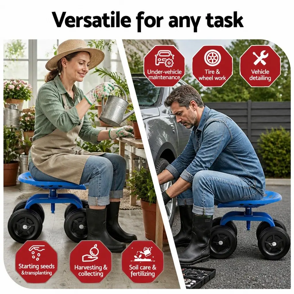 Garden Rolling Seat 360 Swivel Adjustable Height Heavy Duty Work Scooter Cart 150kg Capacity