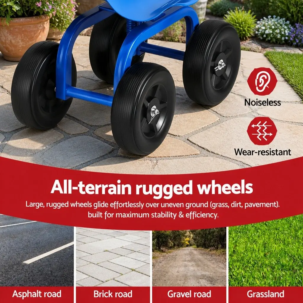 Garden Rolling Seat 360 Swivel Adjustable Height Heavy Duty Work Scooter Cart 150kg Capacity
