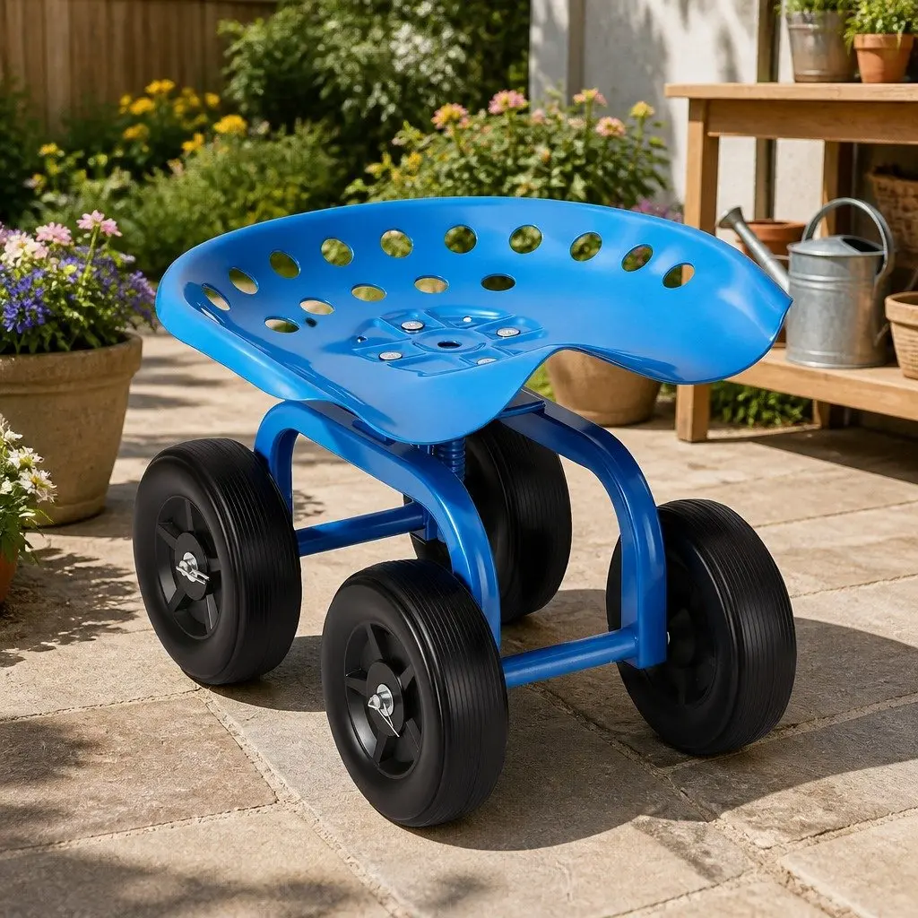 Garden Rolling Seat 360 Swivel Adjustable Height Heavy Duty Work Scooter Cart 150kg Capacity