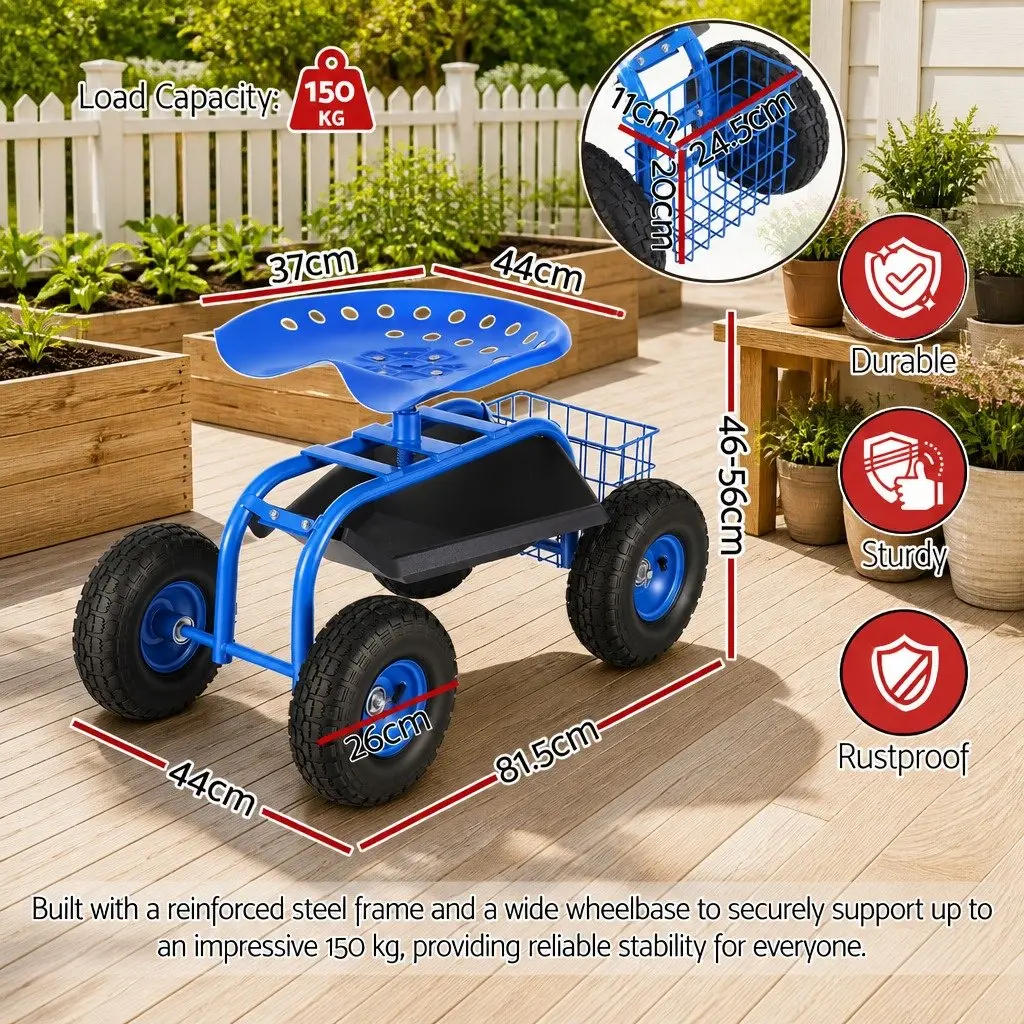 Garden Rolling Stool Adjustable Height 360 Swivel Seat with Wheels for Outdoor Gardening